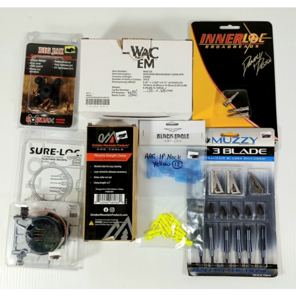 LOT OF 8 - SURE-LOC CARBON HUNTING SCOPE, MUZZY BROADHEADS, OMP PHONENIX STRAIGHT CLAMP,  ETC