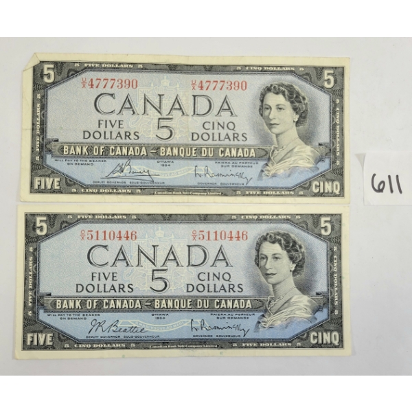 LOT OF 2 - 1954 CDN $5 BANKNOTES