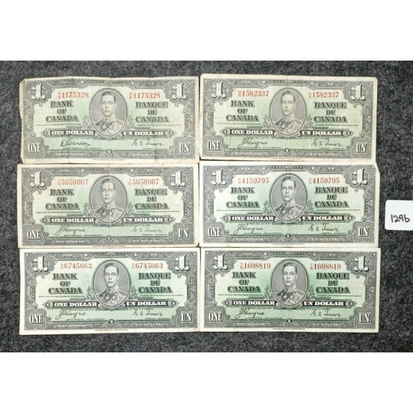 LOT OF 6 - 1937 CDN $1 BANKNOTES