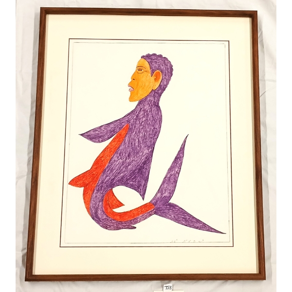 FISH SPIRIT BY PETER PITSEOLAK (1902 - 1973) - FRAMED COLOURED PENCIL ON PAPER
