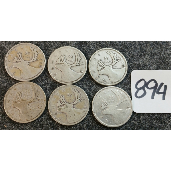 LOT OF 6 - 1938 CDN 25 CENT COINS
