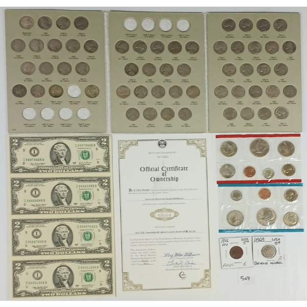 QTY OF US COINS & UNCUT $2 BANKNOTE SHEET - INCL 1868 & 1916 5 CENT PCS
