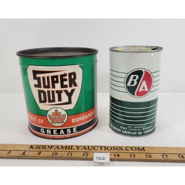 LOT OF 2 - SUPERTEST 5 LBS GREASE CAN & B/A MOTOR OIL QT CAN 