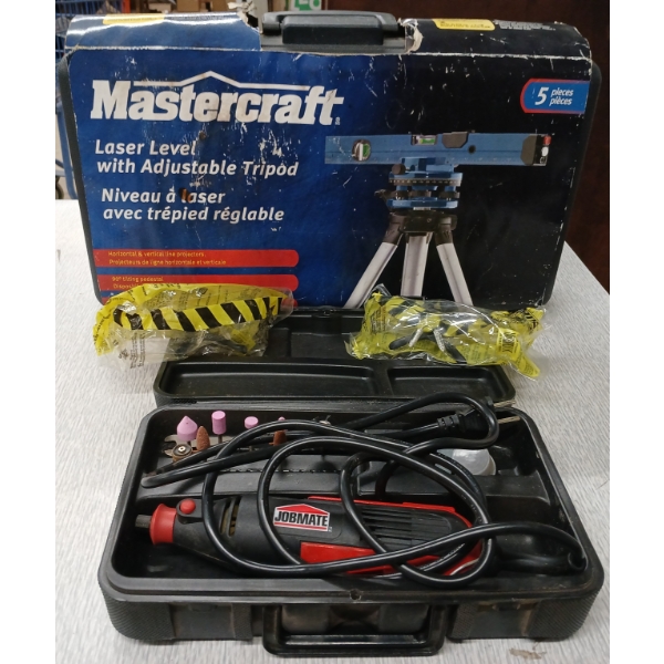 LOT OF 4 - JOBSITE ROTARY TOOL, MASTERCRAFT LASER LEVEL - NEW IN BOX, SAFETY GLASSES