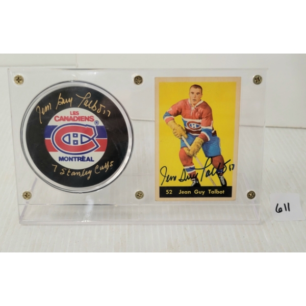 1960 NHL MONTREAL CANADIENS JEAN GUY TALBOT HOCKEY CARD & PUCK W/ PLAQUE - SIGNED