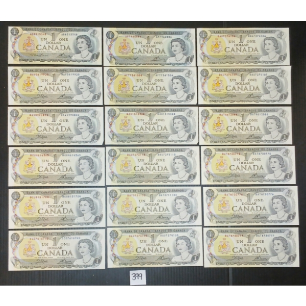 LOT OF 18 - 1973 CDN $1 BANKNOTES - INCL SEQUENTIAL SETS