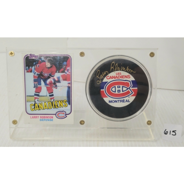 1981 NHL MONTREAL CANADIENS LARRY ROBINSON HOCKEY CARD & PUCK W/ PLAQUE - SIGNED