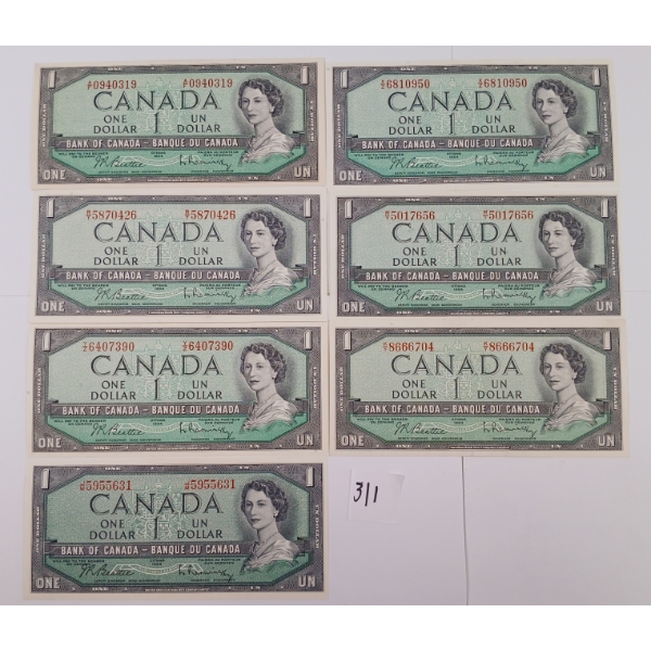 LOT OF 7 - CDN 1954 $1 BANKNOTES