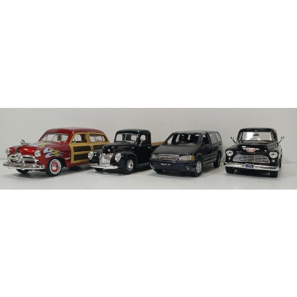 LOT OF 4 - DIECAST MODELS - '55 CHEVROLET PICK UP, FORD WOODY WAGON, ETC