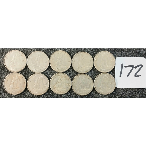 LOT OF 10 - 1964 & 1968 CDN 10 CENT COINS
