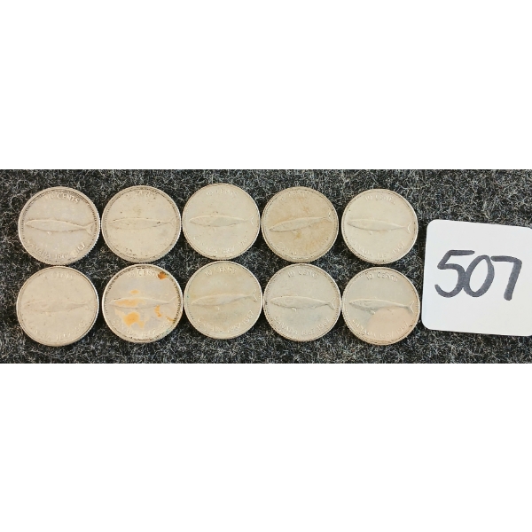 LOT OF 10 - 1967 CDN 10 CENT COINS