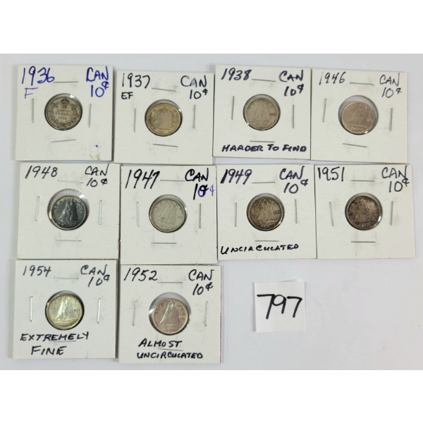 LOT OF 10 - 1936-1954 CDN 10 CENT SILVER COINS