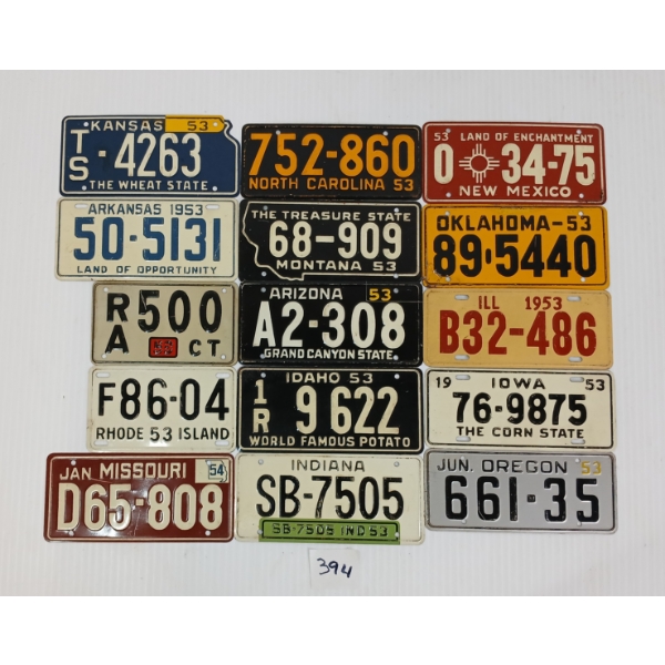 LOT OF 15 - 1953/54 USA BIKE LICENCE PLATES - INCL MONTANA, KANSAS, NORTH CAROLINA, ETC