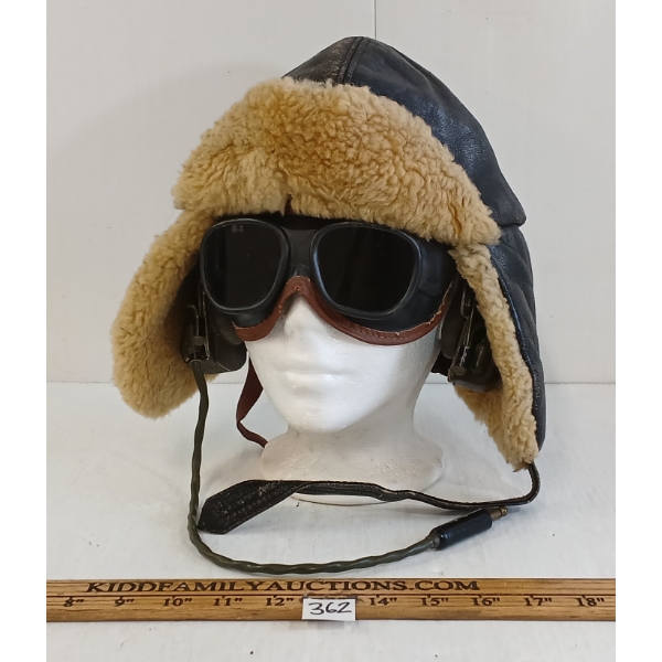 LOT OF 3 - UNKNOWN AVIATOR CAP, HEADSET & GOGGLES