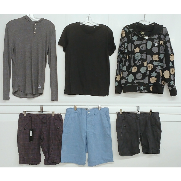 LOT OF 6 - MEN'S T-SHIRT, SHORTS & HOODIES - MFG CLASSIFIED, BRIXTON, RAGWEAR, ETC