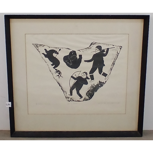SEAL HUNTING IN CAVE BY PUDLO PUDLAT(1916 - 1992) - FRAMED LITHOGRAPH