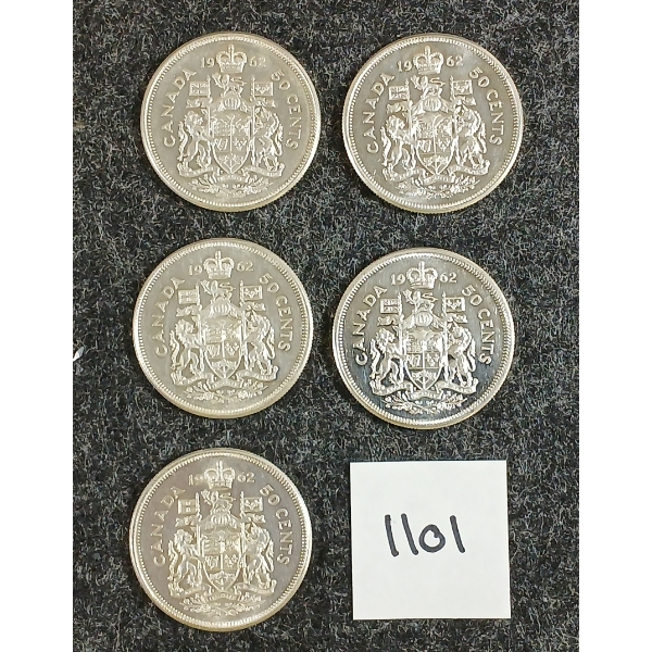 LOT OF 5 - 1962 CDN 50 CENT SILVER COINS