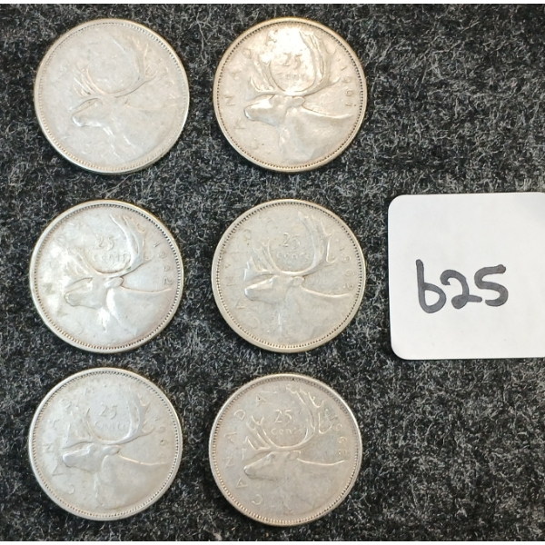 LOT OF 6 - 1961-1965 CDN 25 CENT COINS