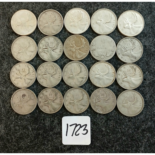 LOT OF 20 - 1910-1968 CDN 25 CENT COINS