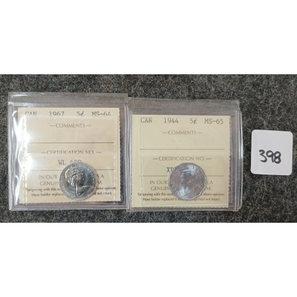 LOT OF 2 - 1944 & 1967 CDN 5 CENT COINS - ICCS GRADED