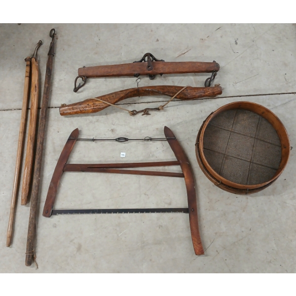 LOT OF 6 - PRIMITVE YOKES, BUCK SAW, SIFT, ETC 