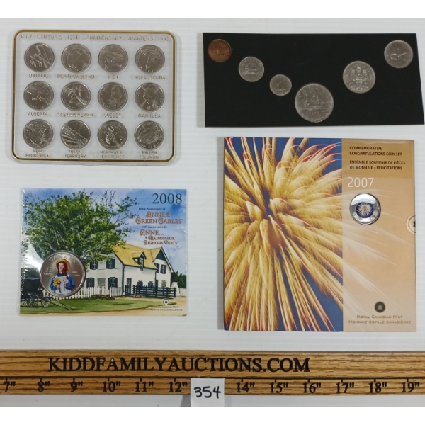 LOT OF 4 - 1967, 1975 & 2007 CDN PROOF SETS & 2008 ANNE OF GREEN GABLES 25 CENT COIN