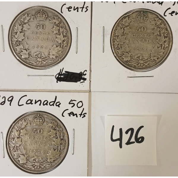 LOT OF 3 - 1929 CDN 50 CENT SILVER COINS