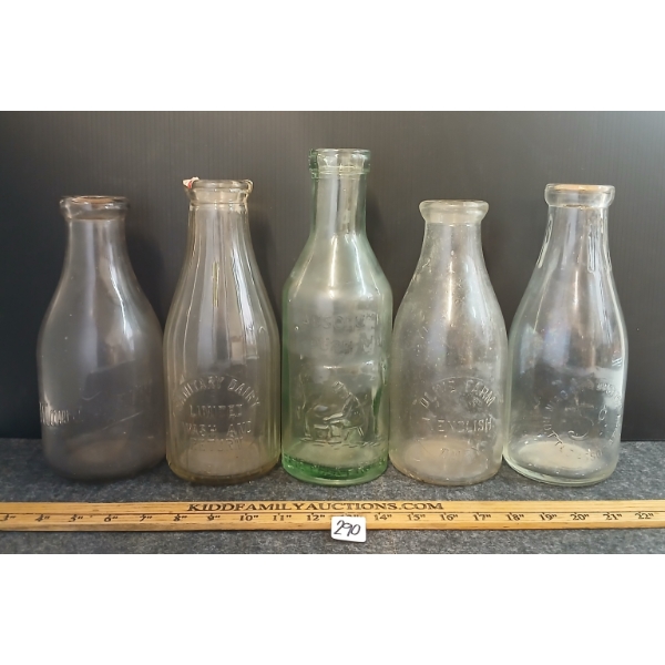 LOT OF 5 - MILK BOTTLES - OTTAWA, NIAGARA DISTRICT, OLIVE FARM, SANITARY DAIRY, ETC