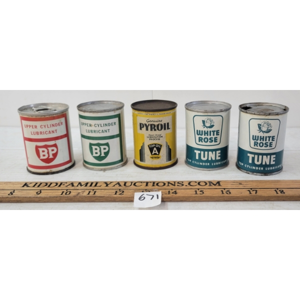 LOT OF 5 - WHITE ROSE TUNE, GENUINE PYROIL & BP LUBRICANT 4OZ CANS