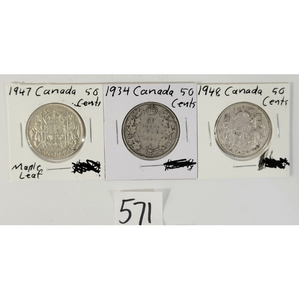 LOT OF 3 - 1934, 1947 & 1948 CDN 50 CENT SILVER COINS