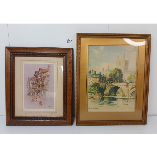LOT OF 2 - "HEREFORD CATHEDRAL" & "OLD HOUSES" BY F. ROBSON - FRAMED PRINTS