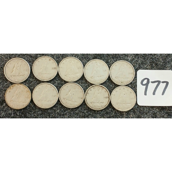 LOT OF 10 - 1953-1964 CDN 10 CENT COINS