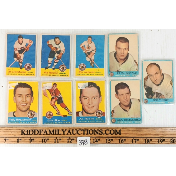 LOT OF 9 - 1957, 1958 TOPPS & 1963 OPC CHICAGO BLACK HAWKS HOCKEY CARDS