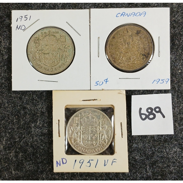 LOT OF 3 - 1951 & 1959 CDN 50 CENT SILVER COINS