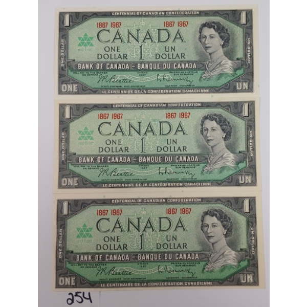LOT OF 3 - 1967 CDN UNCIRCULATED $1 BANKNOTES 