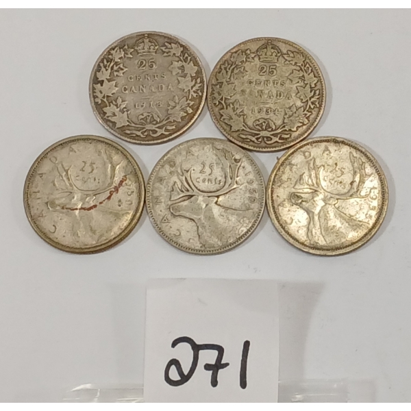 LOT OF 5 - CDN 25 CENT SILVER PCS - INCL 1918, 1934 & 1950