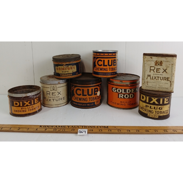 LOT OF 8 - TOBACCO TINS - INCL REX MIXTURE, CLUB, GOLDEN ROD, COMFORT & DIXIE