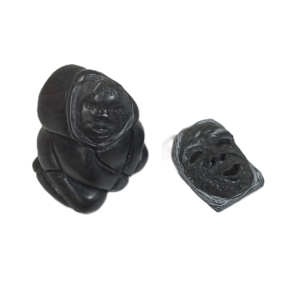 LOT OF 2 - "OLDMAN MASK" & "WOMAN IN PARKA" BY SILAS KAYAKJUAK(1956 - 2024) - STONE