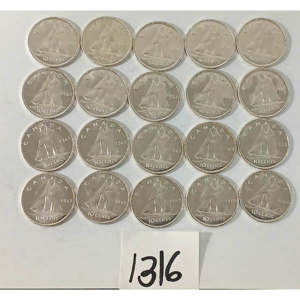 LOT OF 20 - 1968 CDN SILVER DIMES