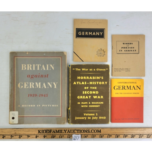 LOT OF 5 - WWII BOOKLETS - INCL GERMAN FOR CNDS, "THE WAR AT A GLANCE" & "BRITAIN AGAINST GERMANY"