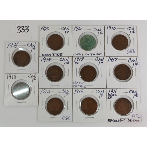 LOT OF 11 - 1910 - '20 CDN LARGE CENTS