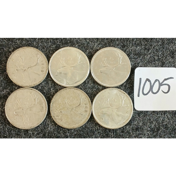 LOT OF 6 - 1964-1968 CDN 25 CENT COINS