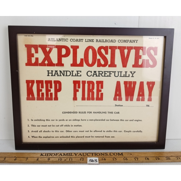 "EXPLOSIVES HANDLE CAREFULLY" ATLANTIC COAST LINE RAILROAD CO. FRAMED SIGN
