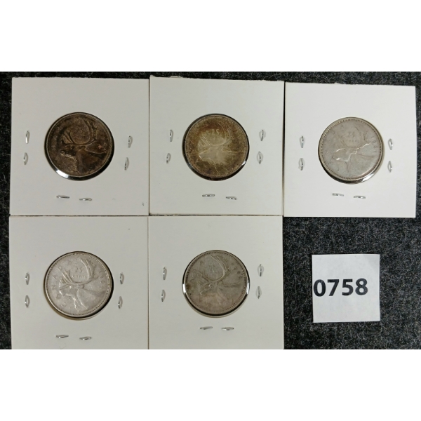 LOT OF 5 - 1956-1964 CDN SILVER 25 CENT COINS 