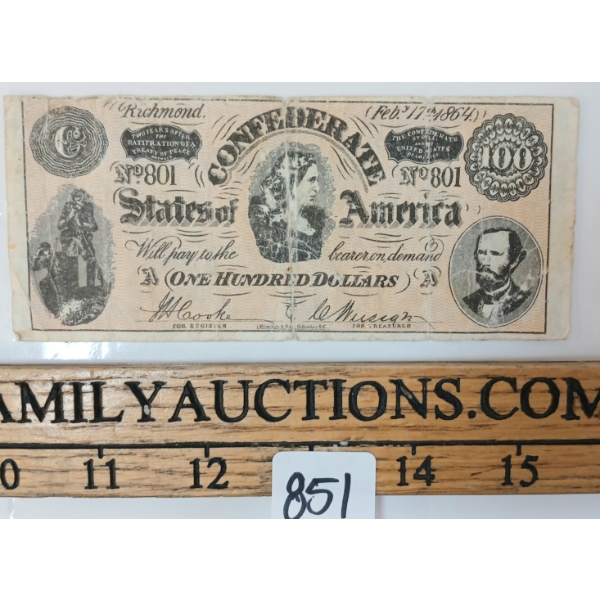 1864 CONFEDERATE STATES OF AMERICA $100 BANKNOTE