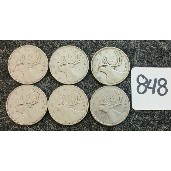 LOT OF 6 - 1947 CDN 25 CENT COINS