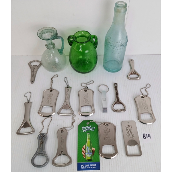 JOB LOT - BLUE & GREEN GLASS BOTTLES & BOTTLE OPENERS - INCL COCA-COLA & STEAM WHISTLE