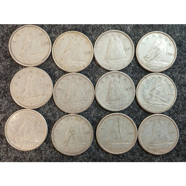 LOT OF 12 - 1942-1966 CDN 10 CENT COINS