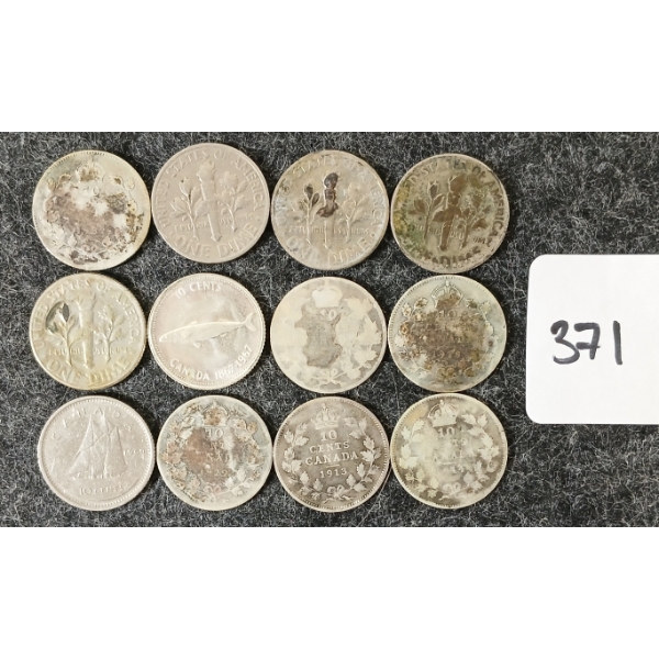 LOT OF 12 - 1910-1970 CDN & US 10 CENT COINS 