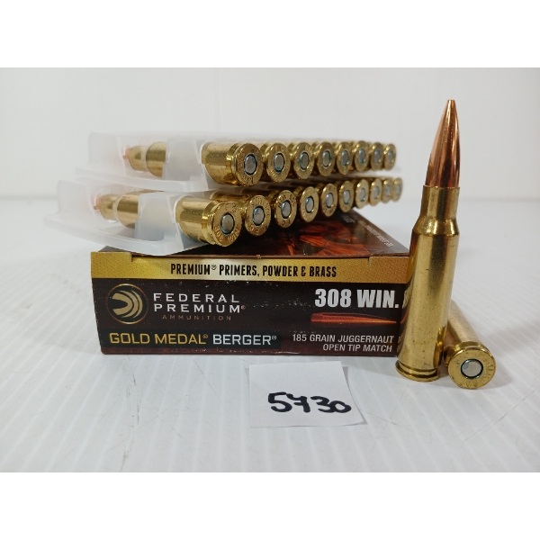 AMMO: 20X FEDERAL GOLD MEDAL BERGER .308 WIN - 185GR - JUGGERNAUT - OPEN TIP MATCH